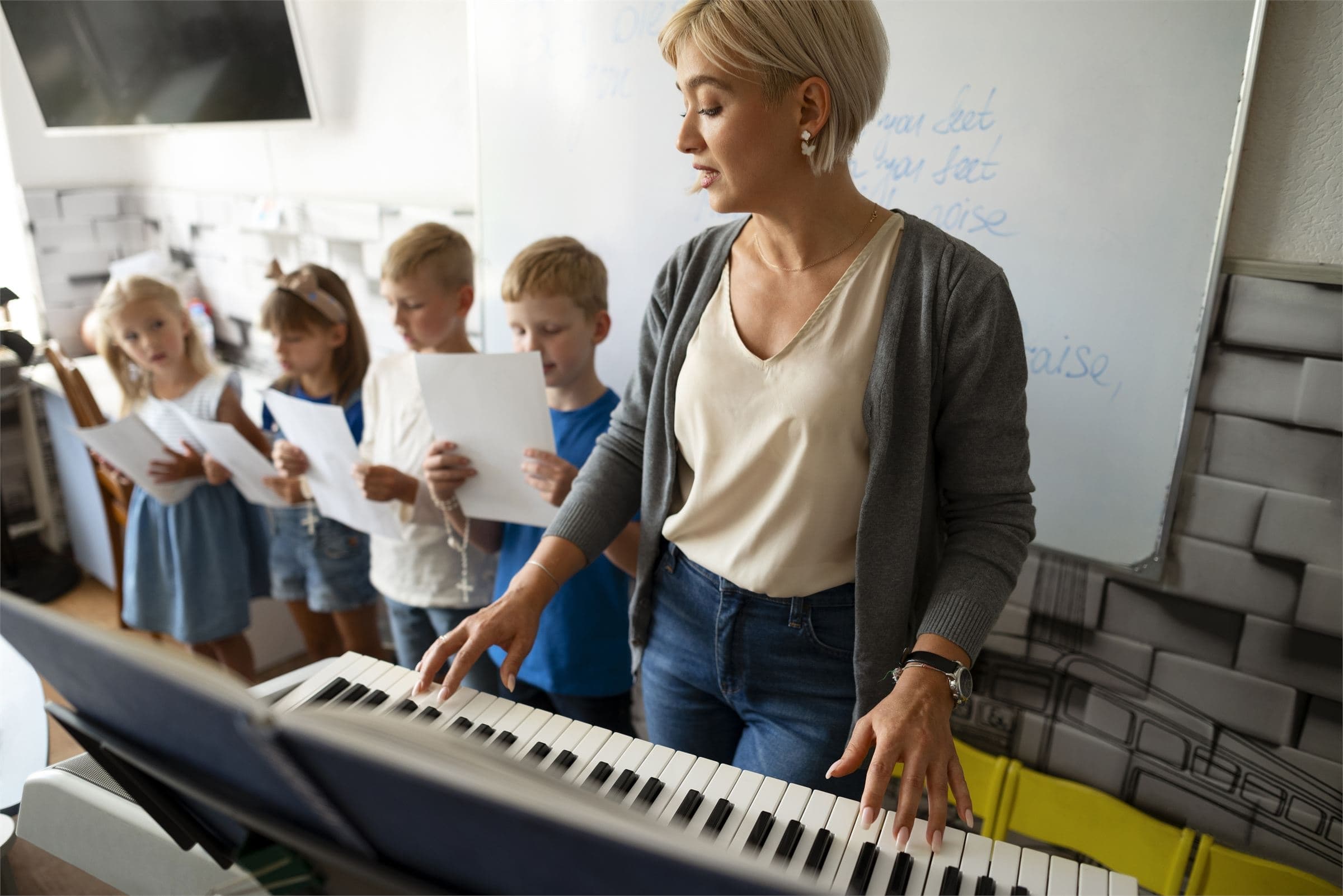 Profesora e alumnos ao redor dun piano nunha clase de música