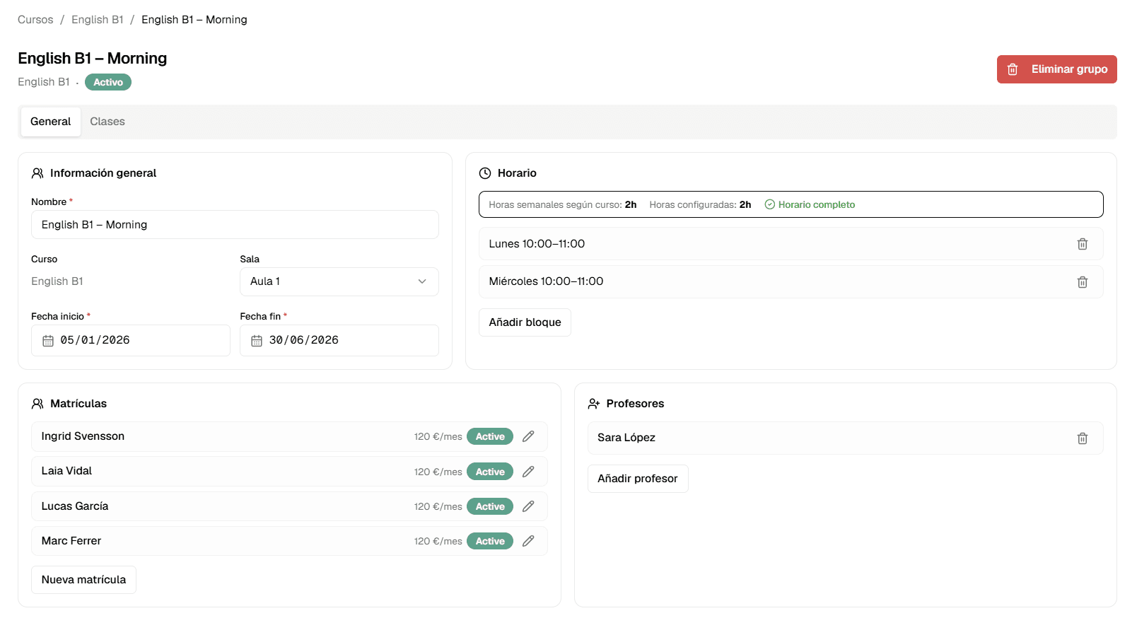 Pantalla de configuración de reglas de cancelación, saldos y pagos en Clasbi