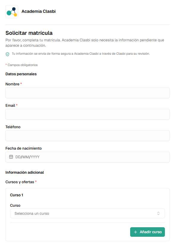 Formulario de matrícula y clase de prueba en Academia Clasbi abierto en un móvil