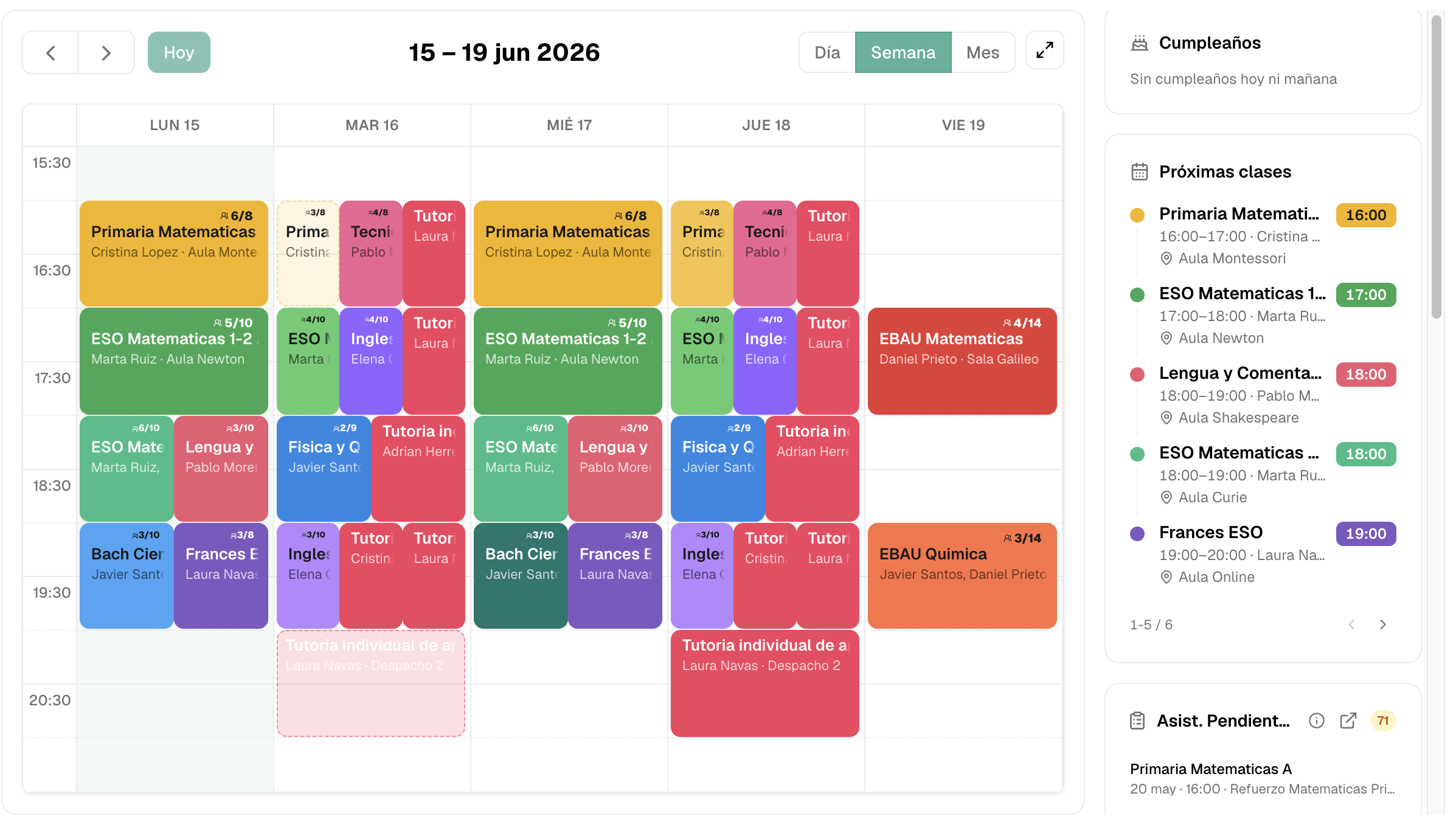 Panel de Clasbi para gestionar clases, alumnos, asistencia, pagos y comunicación en una academia