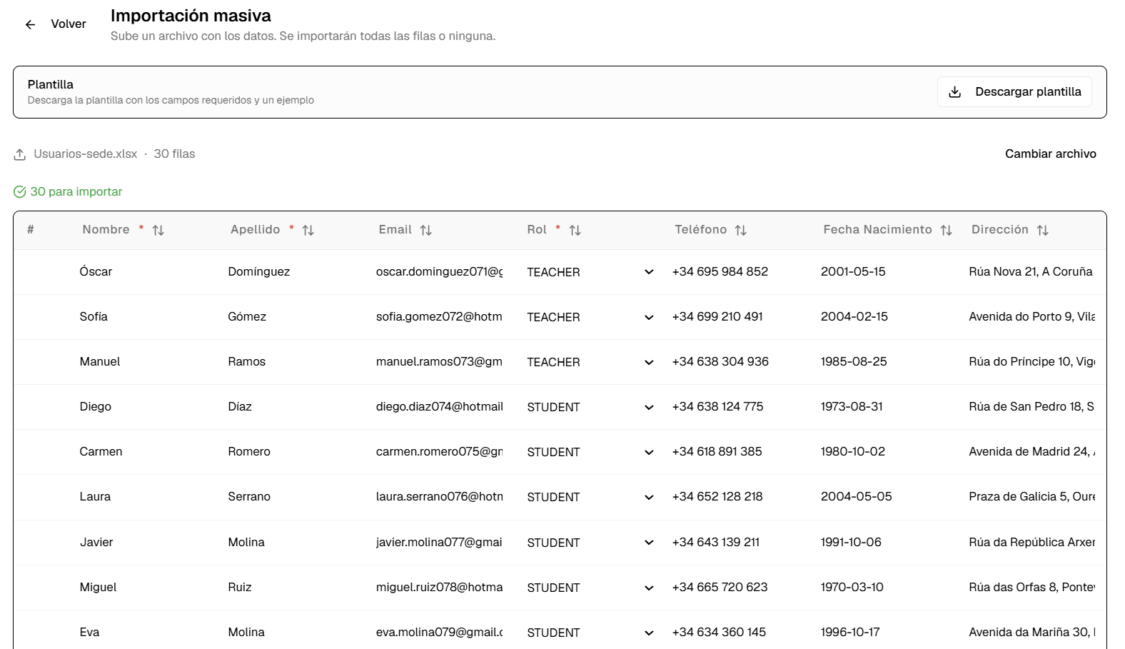 Pantalla de Clasbi para importar alumnos, cursos e profesores durante a posta en marcha