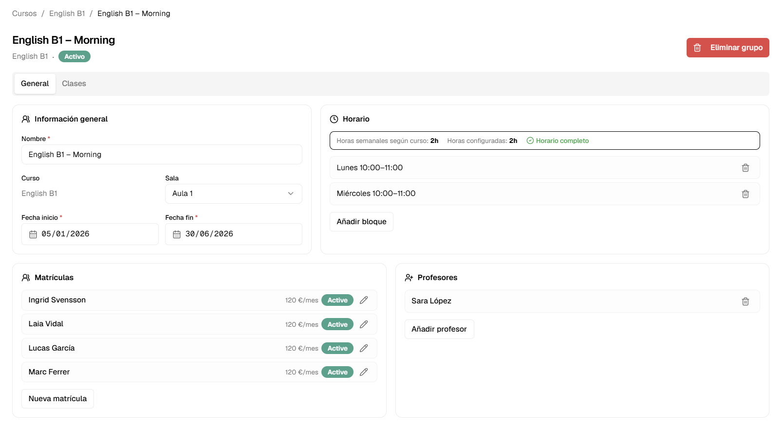 Pantalla de configuración de regras de cancelación, saldos e pagos en Clasbi